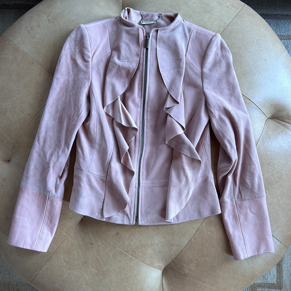 Pink Genuine Leather Suede Ruffle Jacket Moto Romantic Soft Girl WHBM Women XS